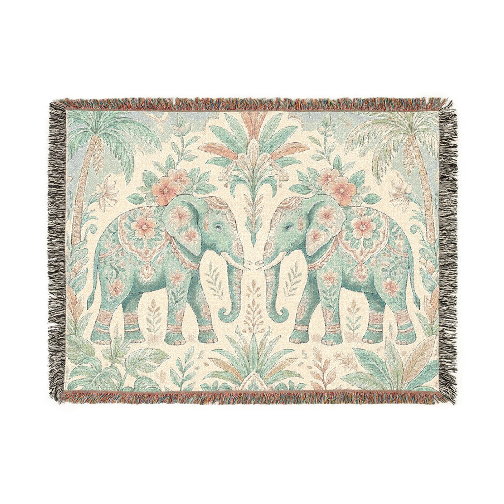 Boho Elephant Tapestry Woven Blanket | Palm Tree Floral Pattern
