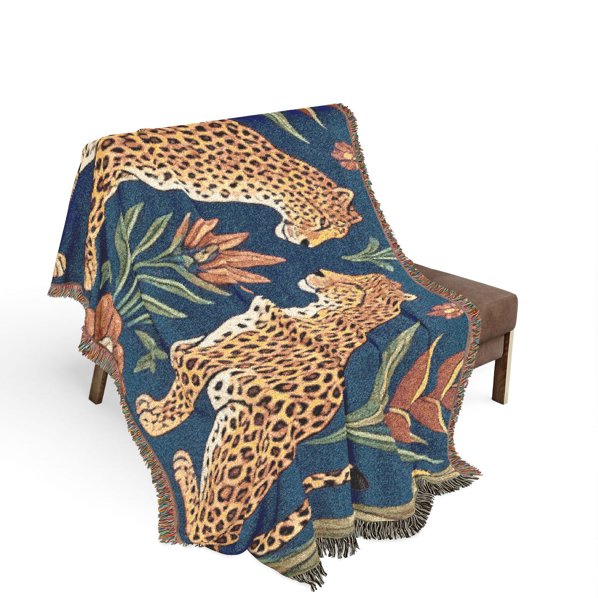 Two Sitting Leopards Woven Blanket | Botanical Motif, Tapestry Throw