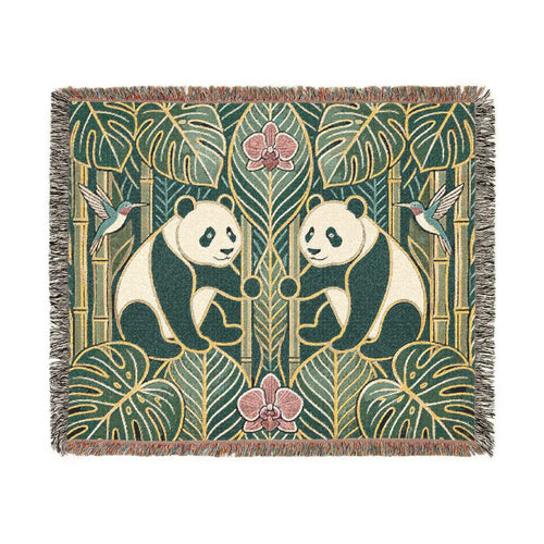 Art Nouveau Panda Woven Blanket | Bamboo Motif Throw
