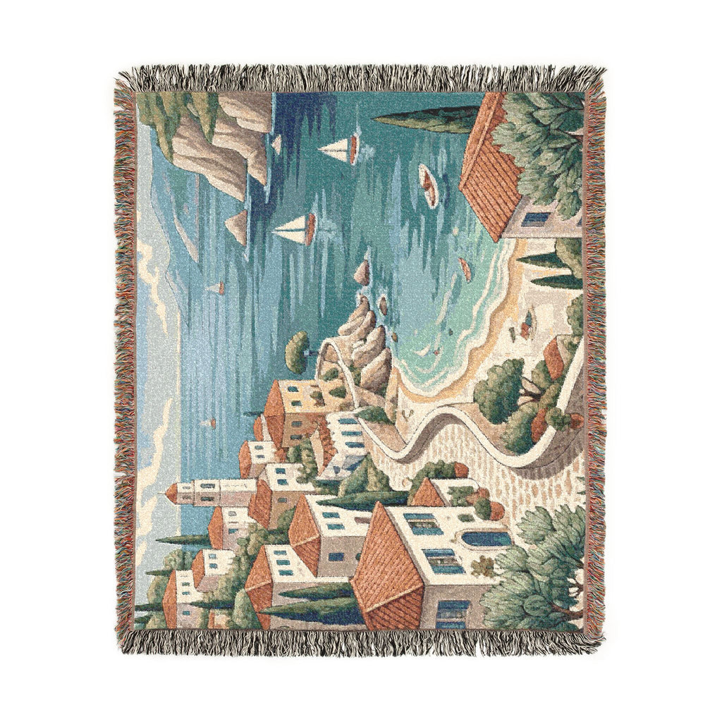Mediterranean Coastal Village Woven Blanket | Seaside Tapestry Throw