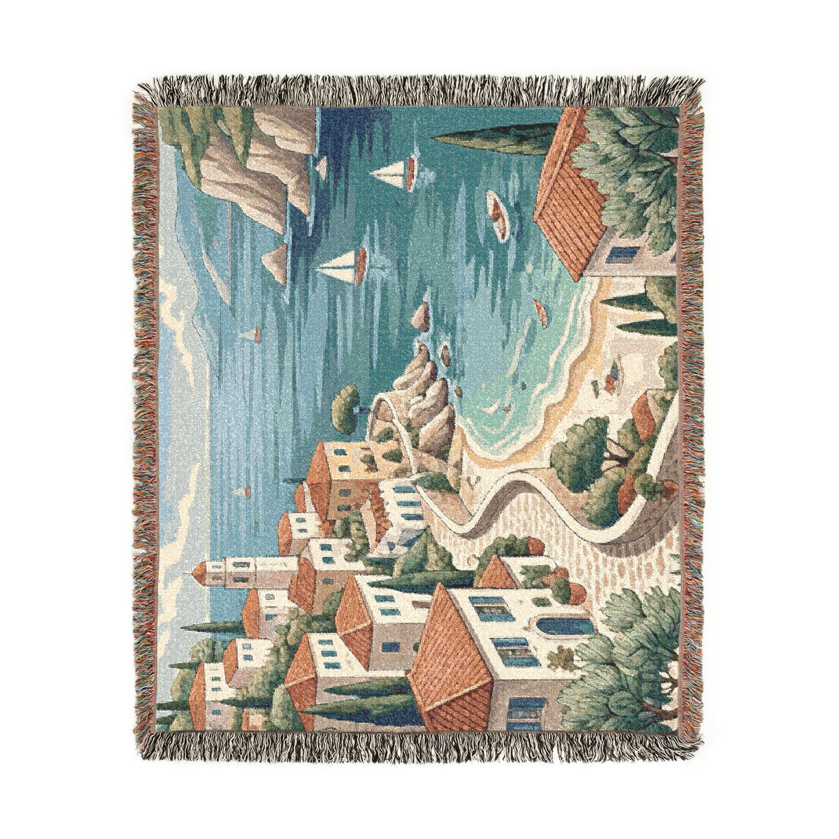 Mediterranean Coastal Village Woven Blanket | Seaside Tapestry Throw
