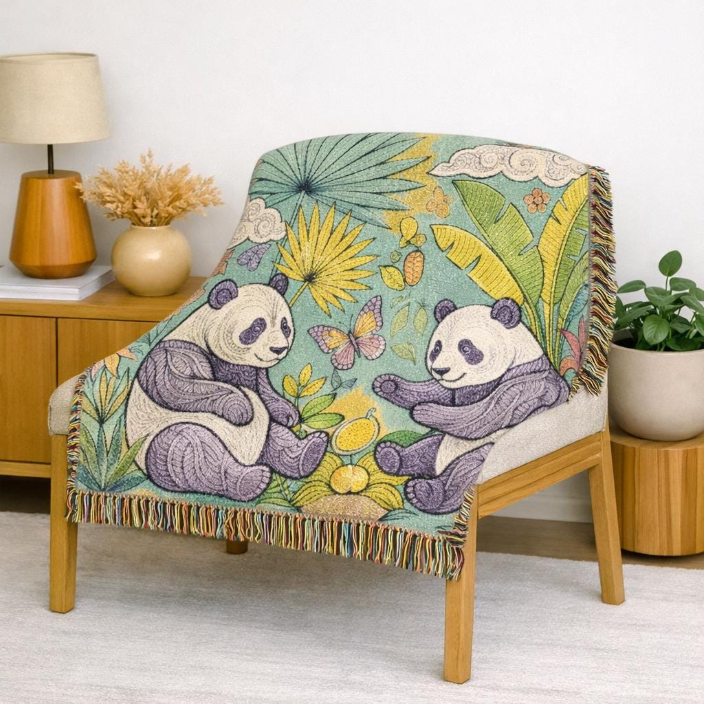 Panda Floral Tapestry Woven Blanket | Jungle Leaves, Sunflower Motif