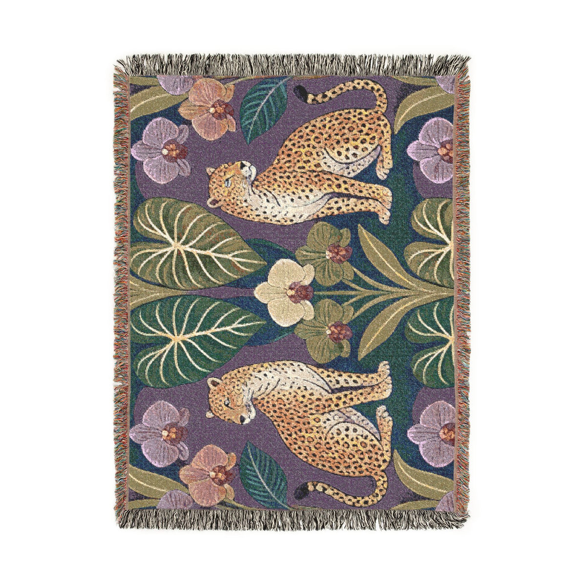 Leopard Botanical Woven Blanket | Tropical Leaves, Orchid Motif