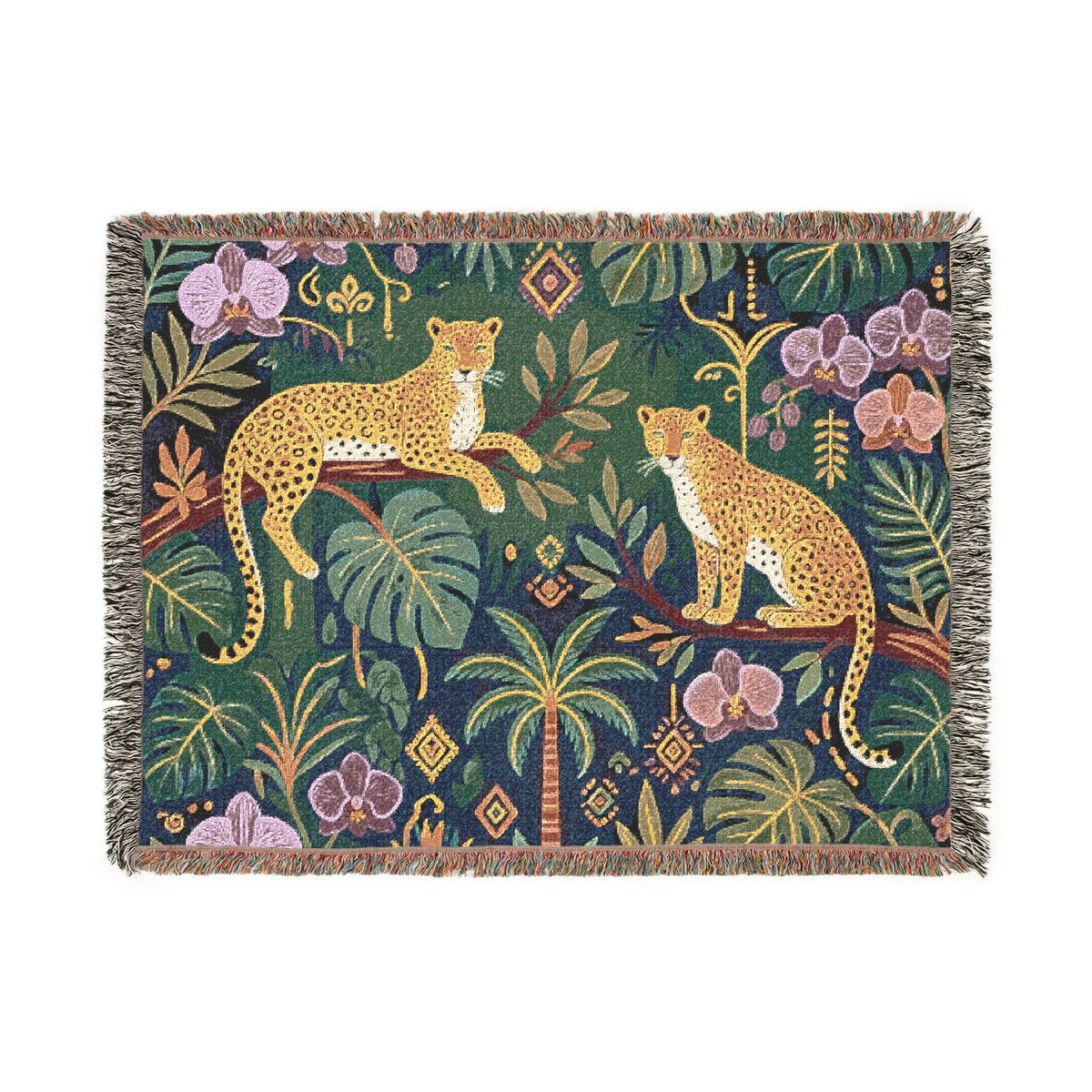 Jungle Leopard Tapestry Woven Blanket | Tropical Foliage Throw