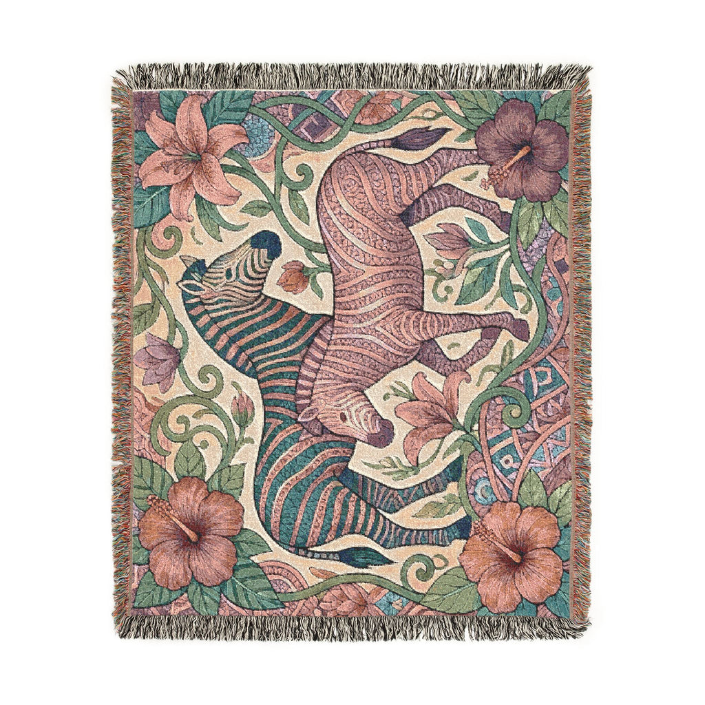 Zebra Floral Tapestry Woven Blanket | Horse Striped Animal Throw