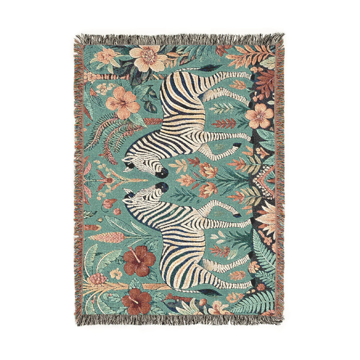 Zebra Botanical Tapestry Blanket | Woven Fringe Throw, Floral Safari Decor