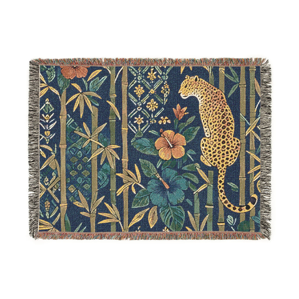 Golden Leopard Floral Woven Blanket | Tropical Bamboo Throw