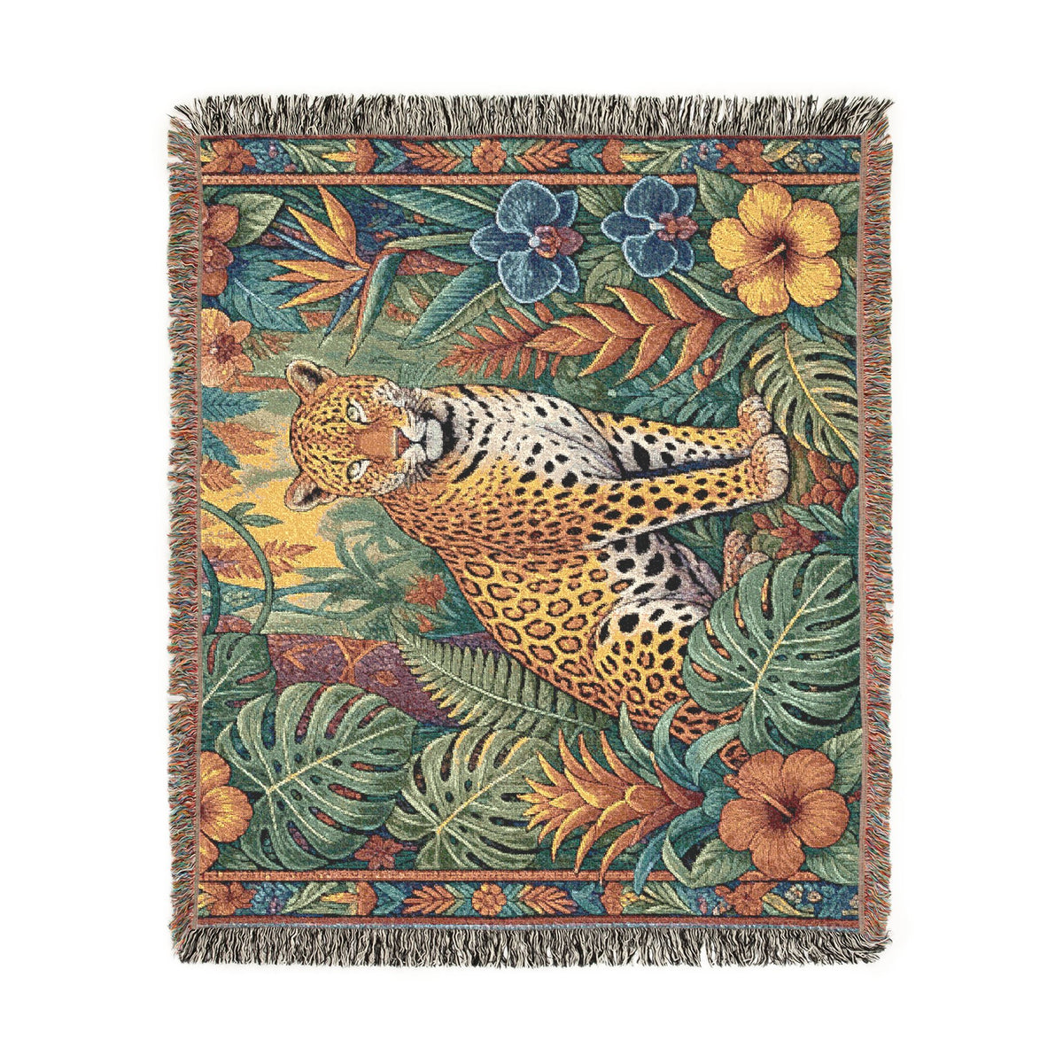 Jungle Leopard Woven Blanket | Tropical Animal Tapestry Throw