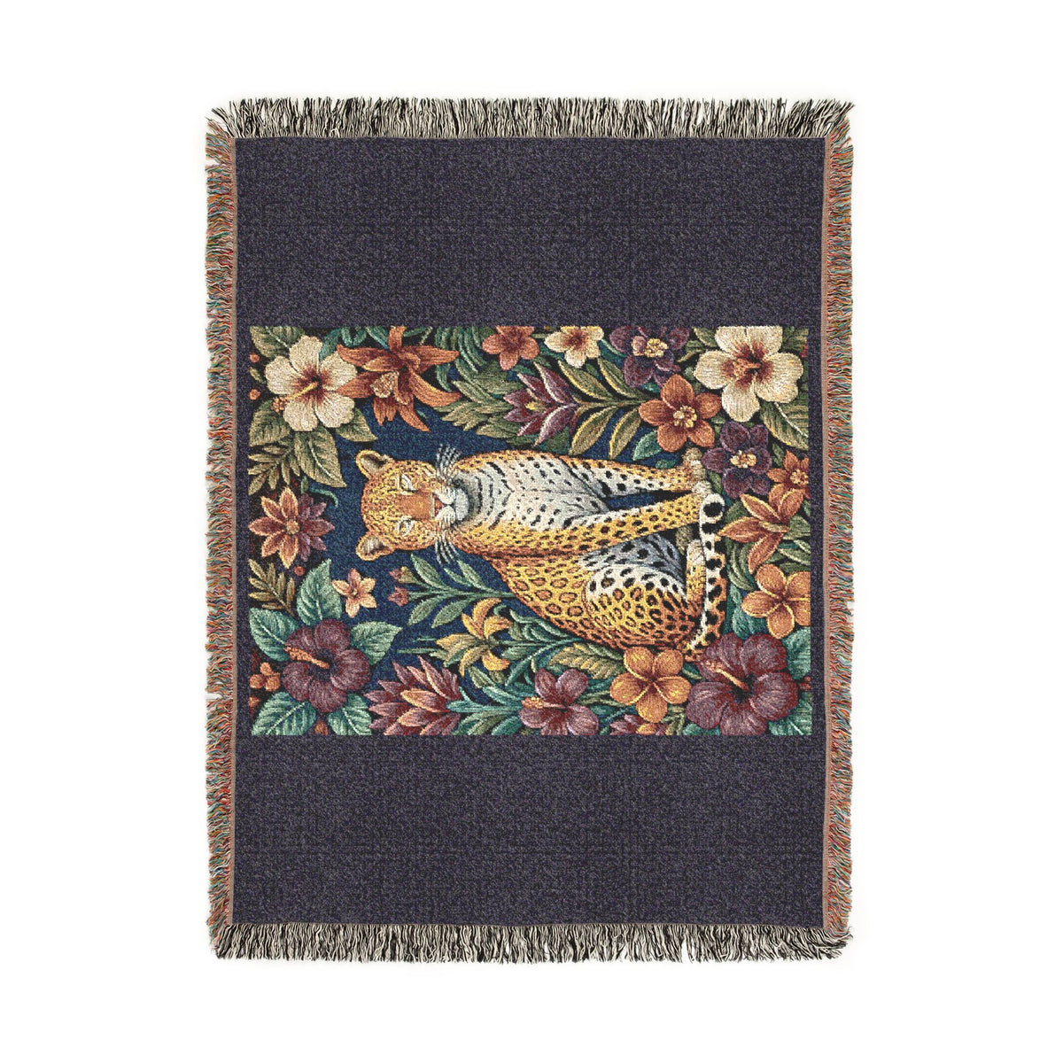 Floral Leopard Tapestry Woven Blanket | Vintage Botanical Cat Motif