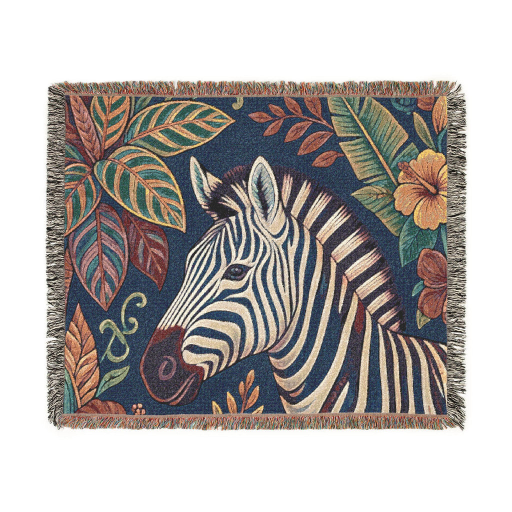 Zebra Illustration Woven Blanket | Botanical Leaves Tapestry Throw