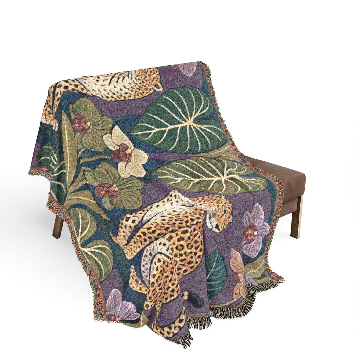 Leopard Botanical Woven Blanket | Tropical Leaves, Orchid Motif