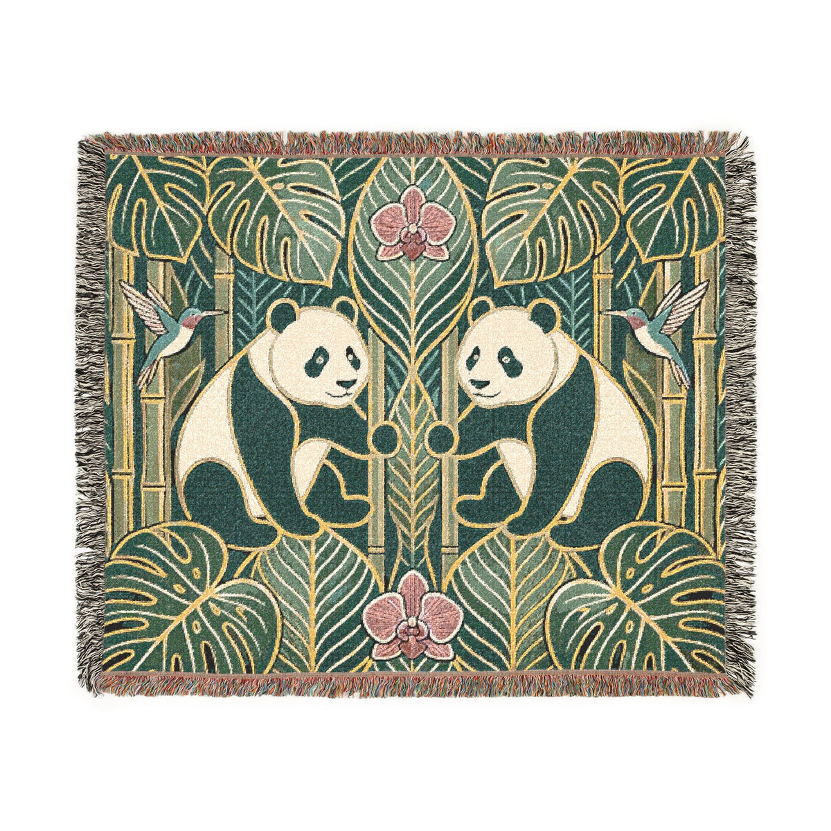 Art Nouveau Panda Woven Blanket | Bamboo Motif Throw