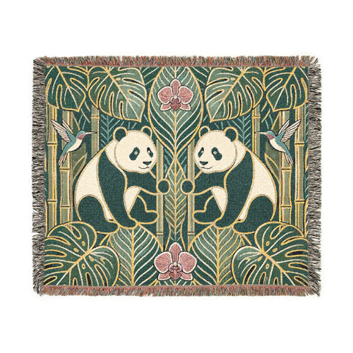 Art Nouveau Panda Woven Blanket | Bamboo Motif Throw