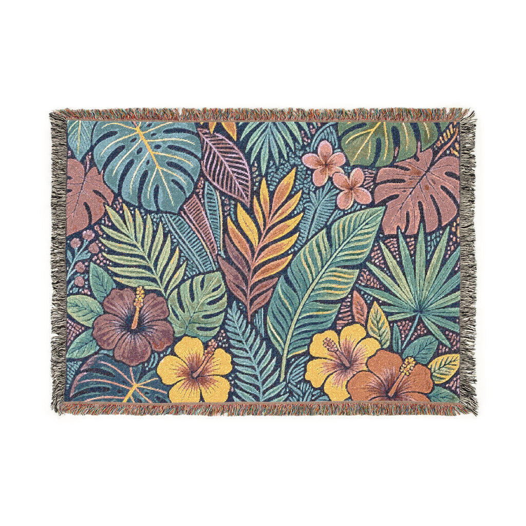 Tropical Floral Woven Blanket | Botanical Leaves Hibiscus Throw