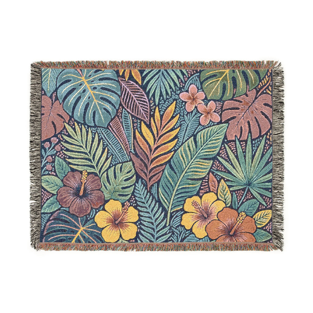 Tropical Floral Woven Blanket | Botanical Leaves Hibiscus Throw