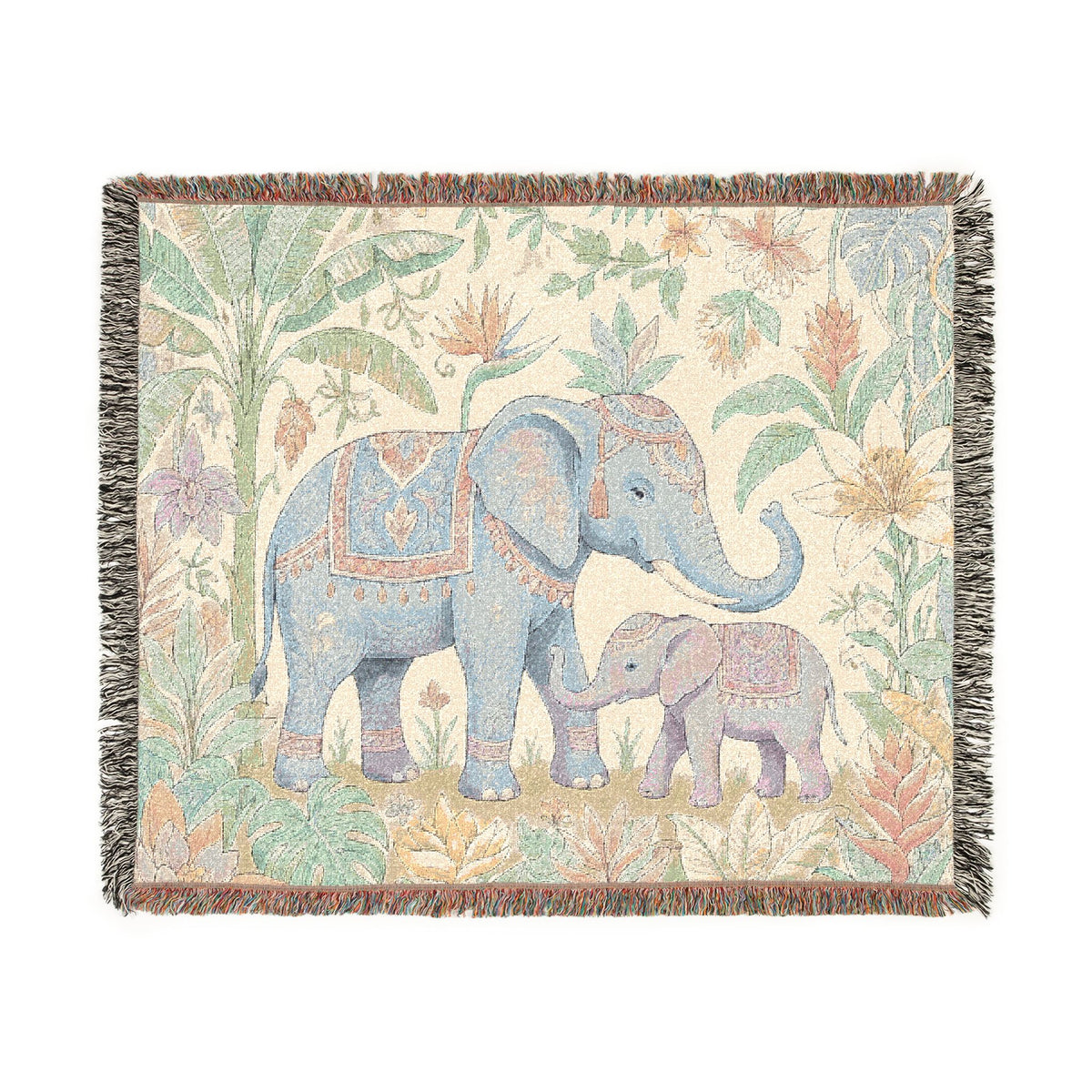 Boho Elephant Family Woven Blanket | Tapestry Throw, Jungle Floral