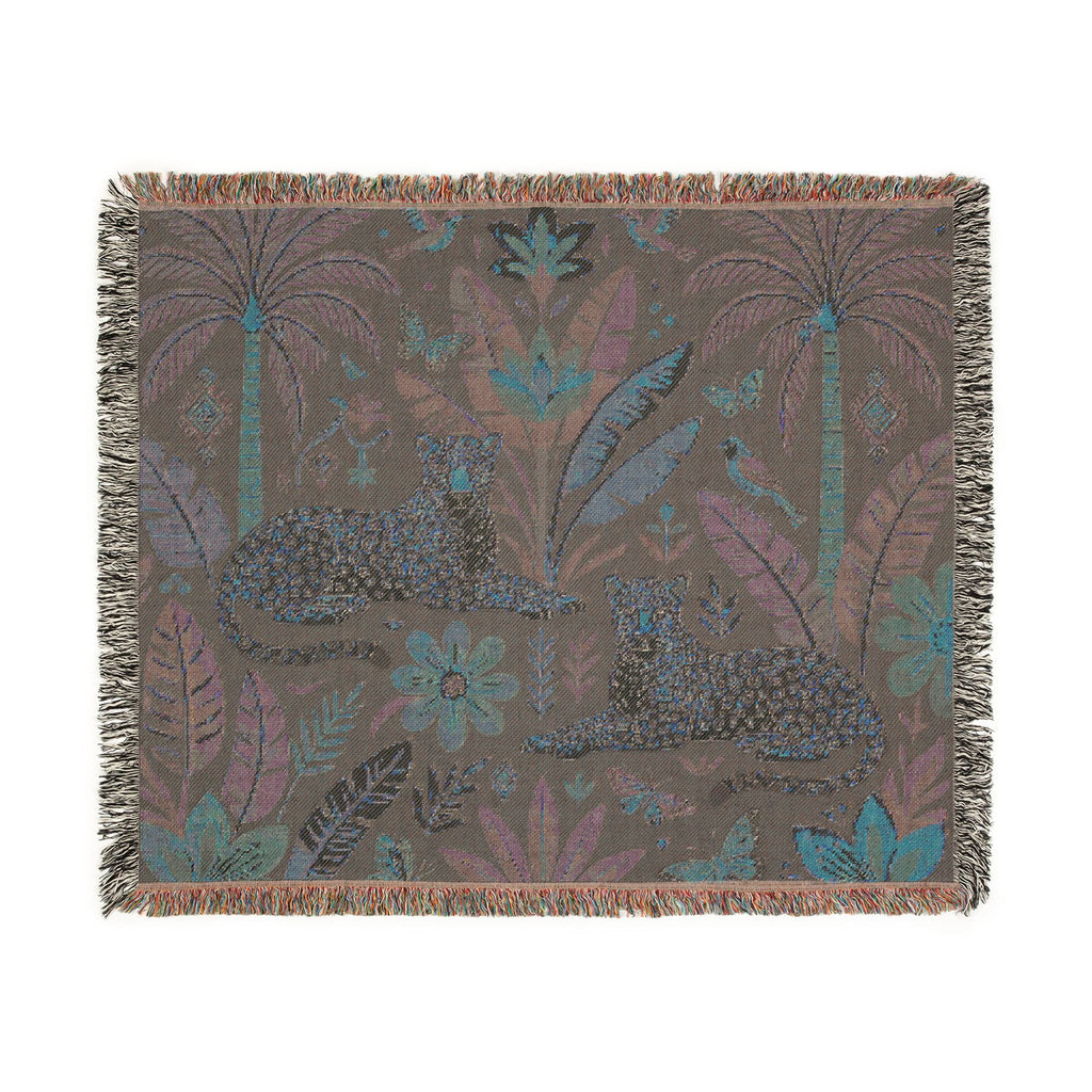 Tropical Leopard Tapestry woven blanket | jungle palm motif, floral tapestry throw