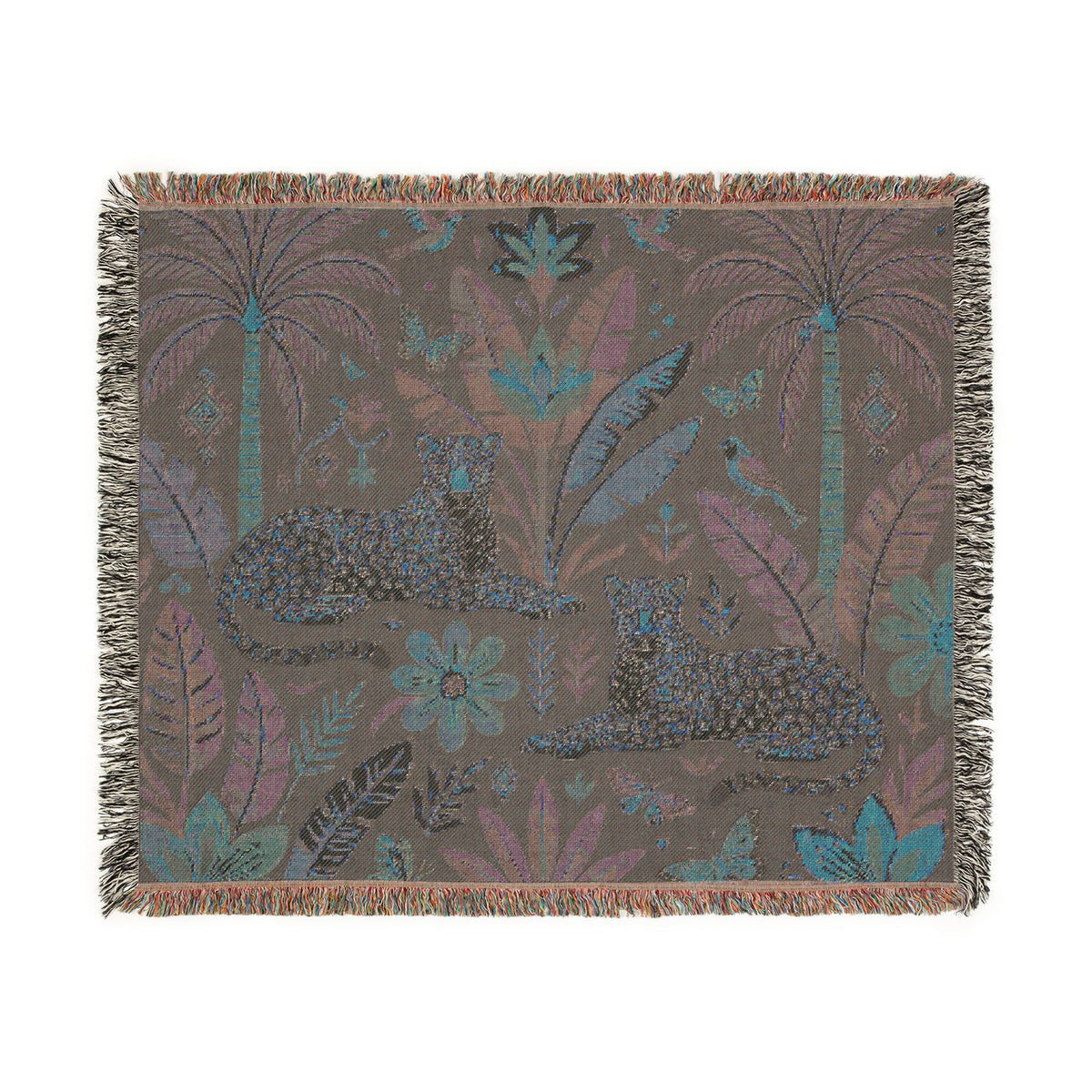 Tropical Leopard Tapestry woven blanket | jungle palm motif, floral tapestry throw