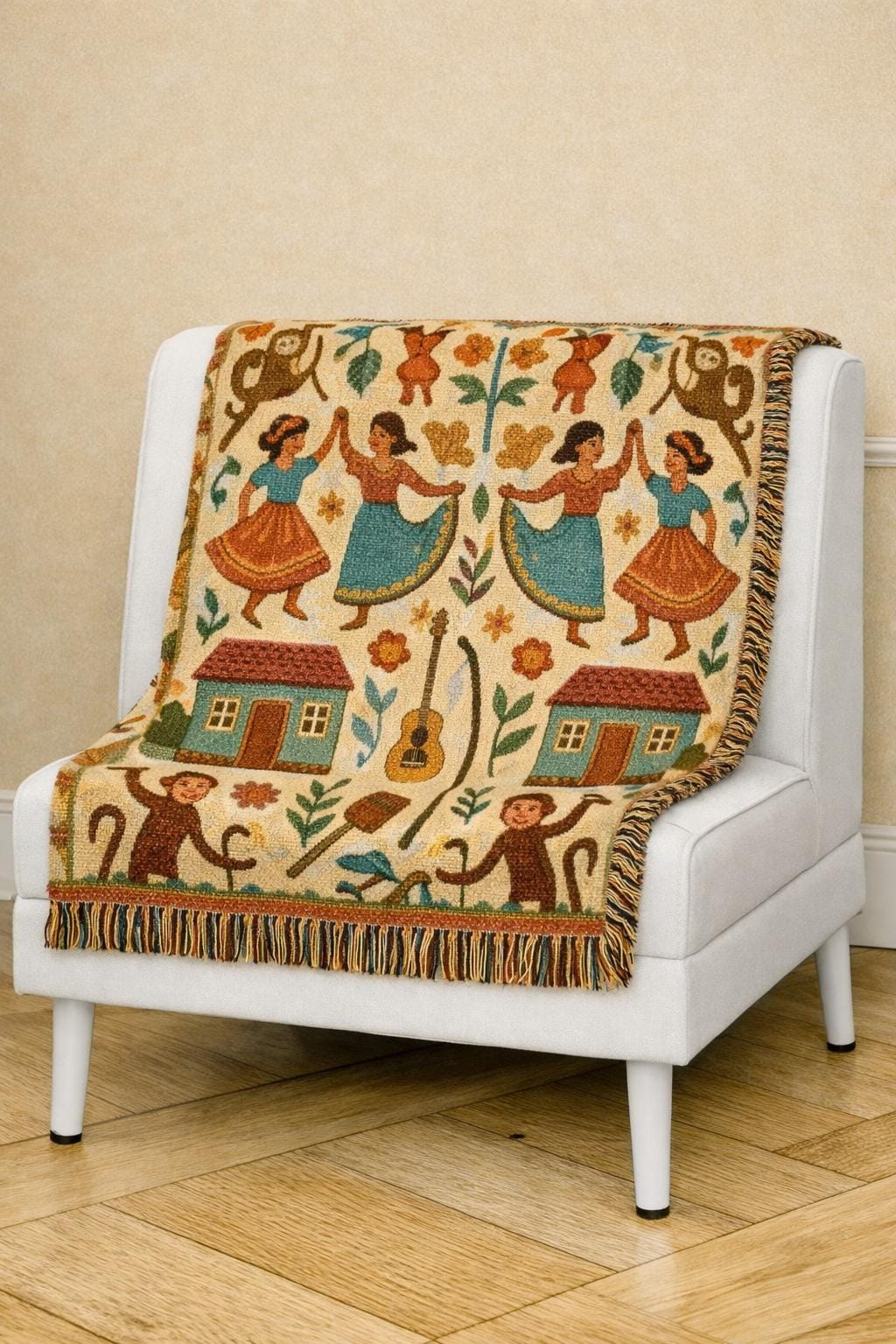 Folk Dance Pattern Woven Blanket | Southwestern House and Guitar Throw