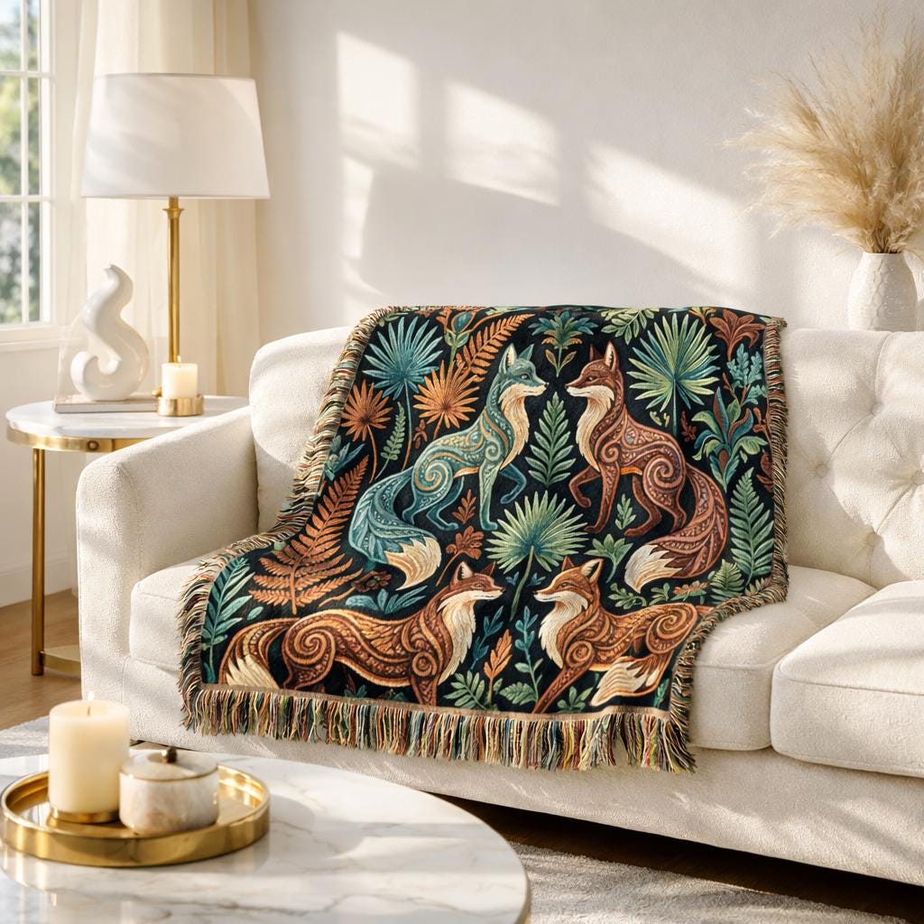 Folk Art Foxes Woven Blanket | Decorative Tapestry Throw, Nature Pattern