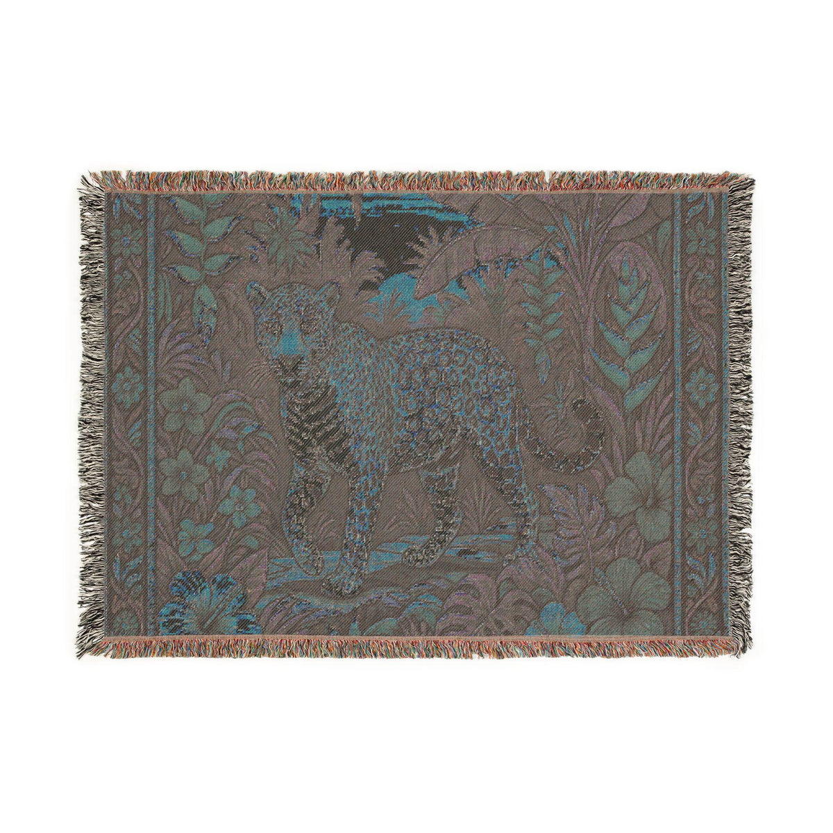 Jungle Leopard Woven Blanket | Tropical Floral Tapestry Throw