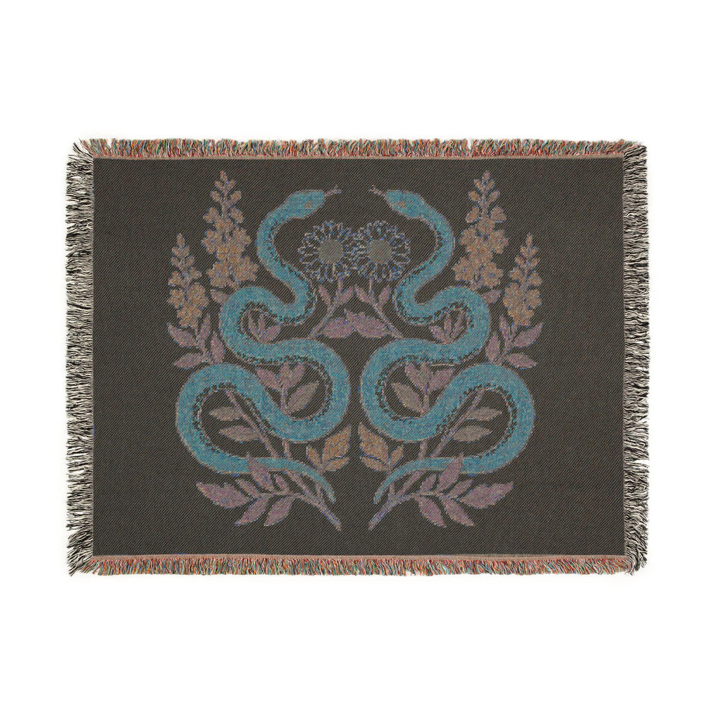 Twin Snakes Floral Woven Blanket | Boho Serpent Tapestry Throw