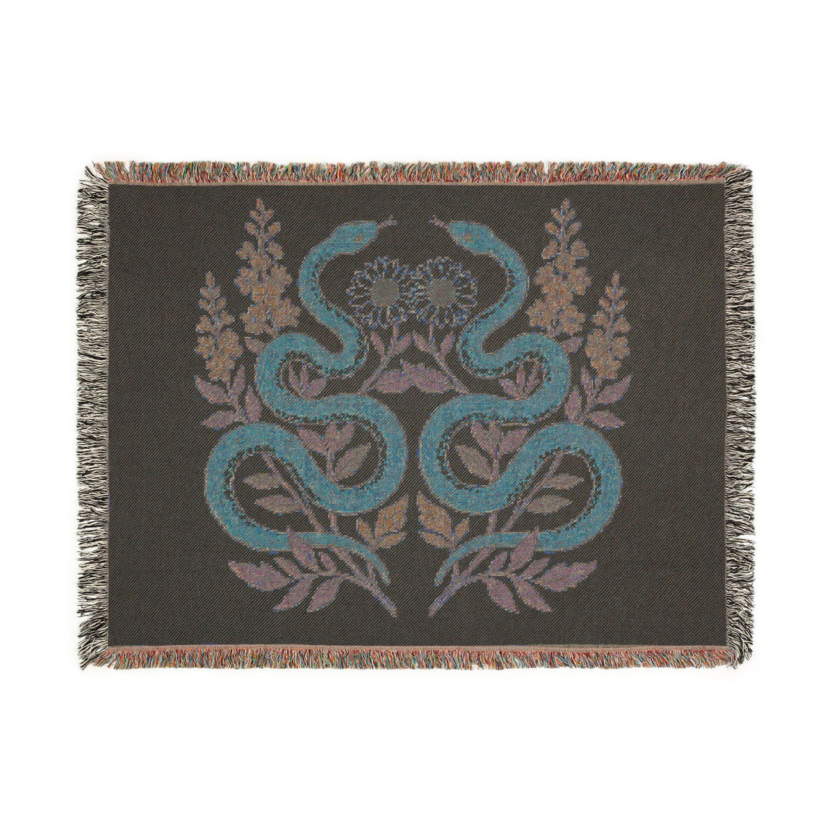 Twin Snakes Floral Woven Blanket | Boho Serpent Tapestry Throw