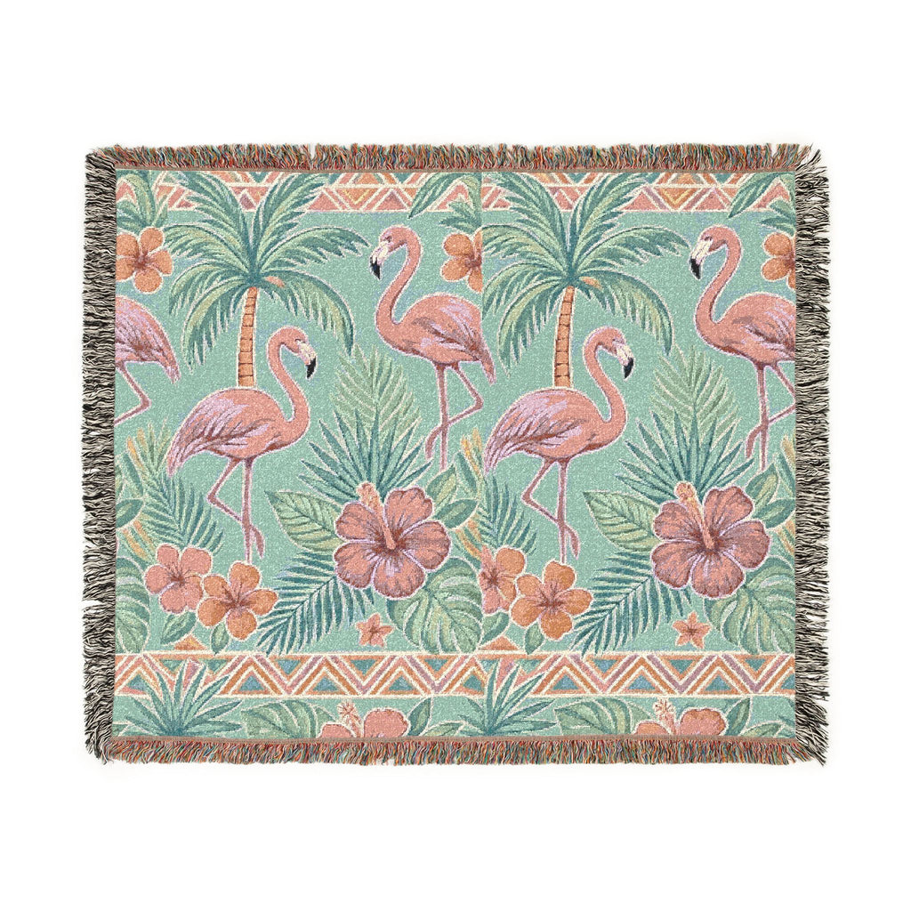 Tropical Flamingo Pattern Blanket | Woven Throw with Palm & Hibiscus