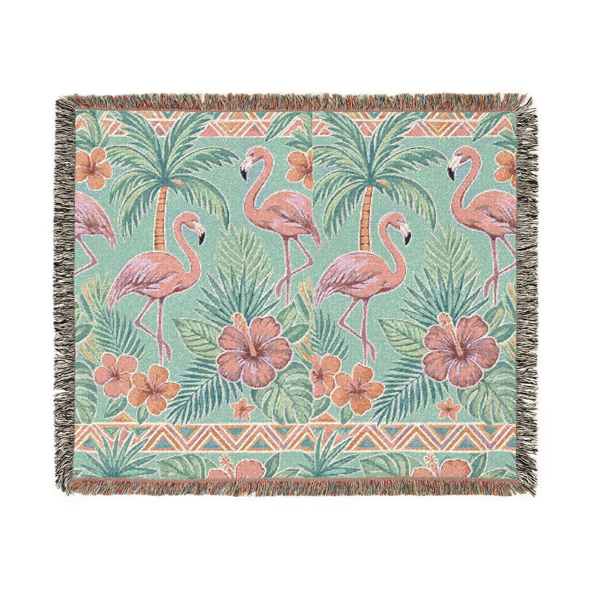 Tropical Flamingo Pattern Blanket | Woven Throw with Palm & Hibiscus