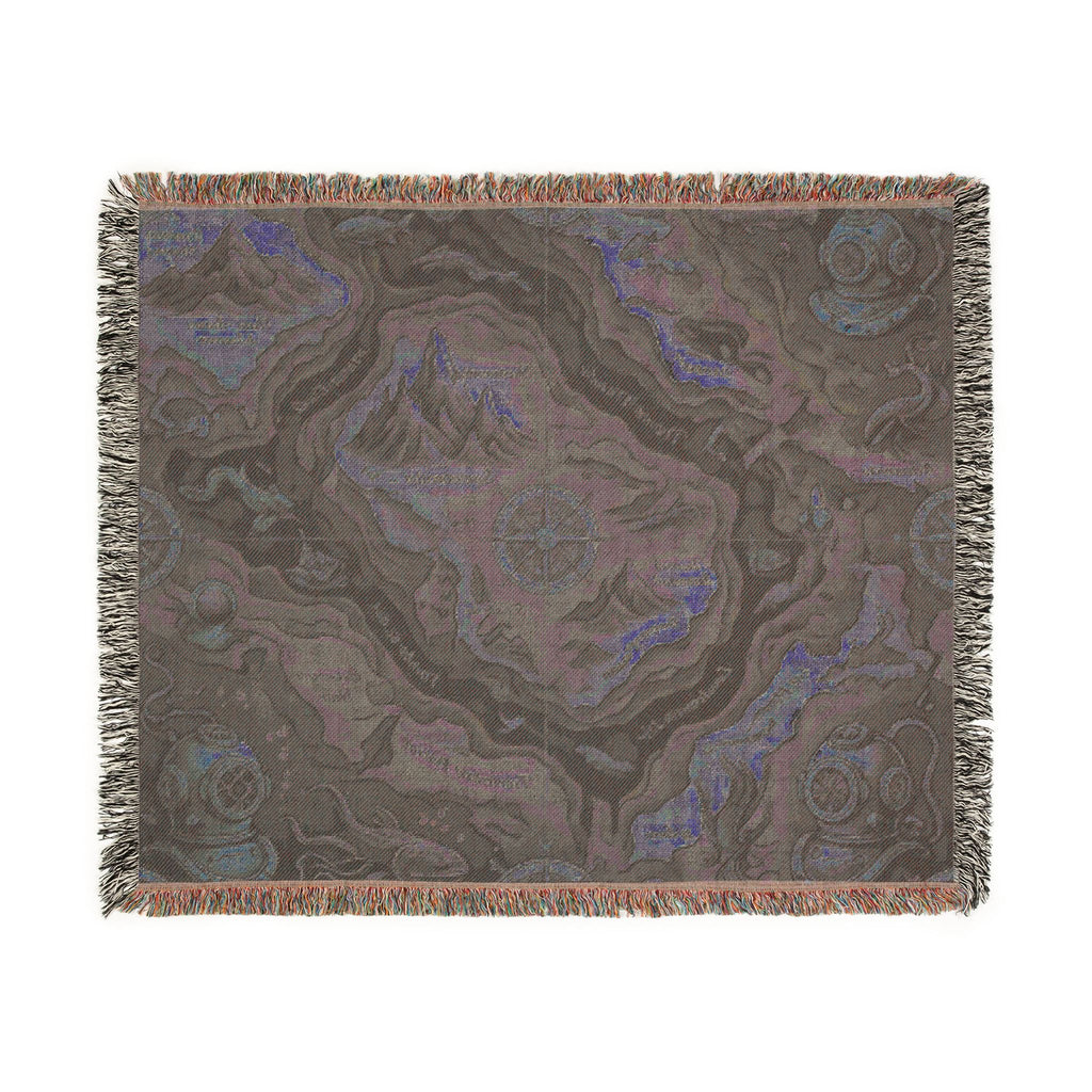 Fantasy Map Woven Blanket | Nautical Compass, Island Landscape Tapestry Throw Deep Sea
