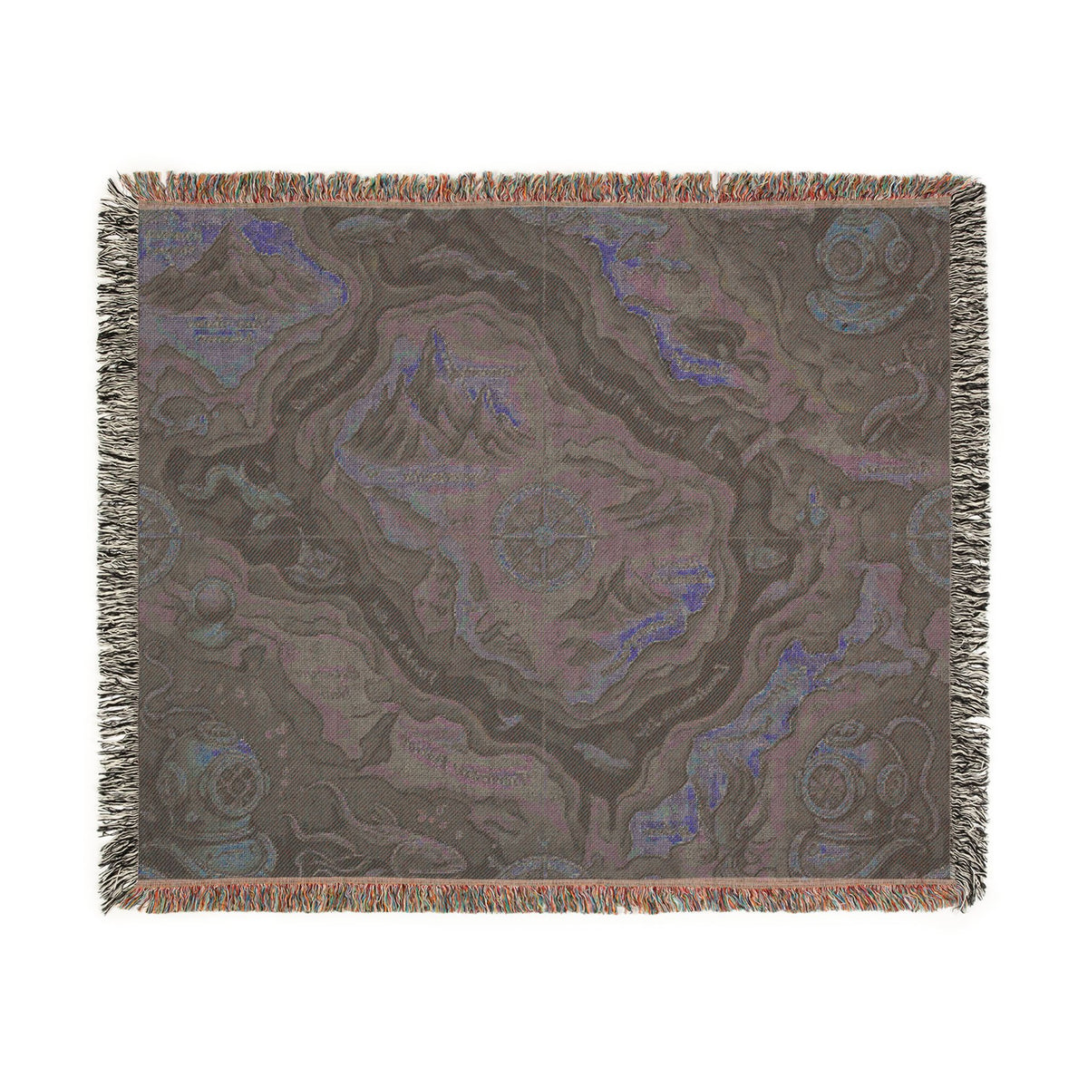 Fantasy Map Woven Blanket | Nautical Compass, Island Landscape Tapestry Throw Deep Sea