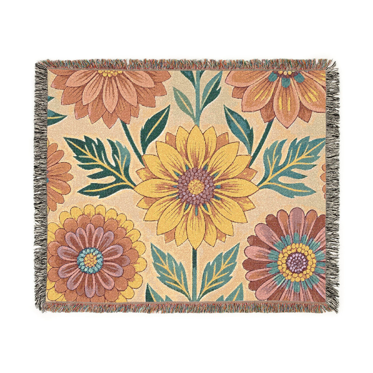 Sunflower and Dahlia floral Woven Blanket | boho floral throw tapestry