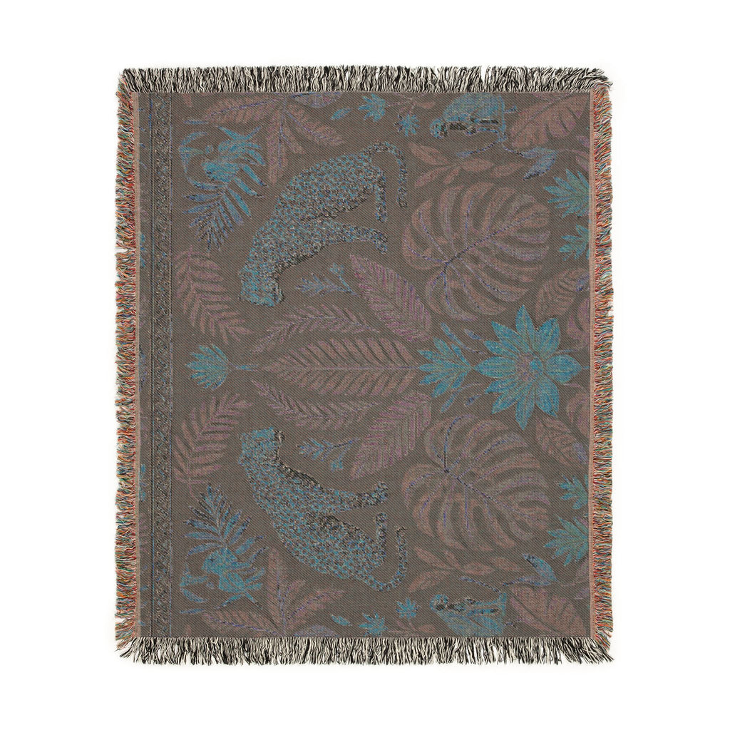 Tropical Leopard Jungle Woven Blanket | Botanical Throw, Tapestry Style