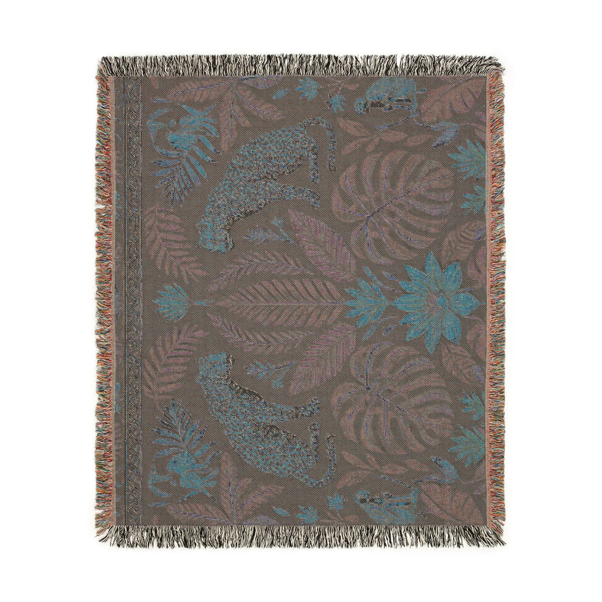 Tropical Leopard Jungle Woven Blanket | Botanical Throw, Tapestry Style