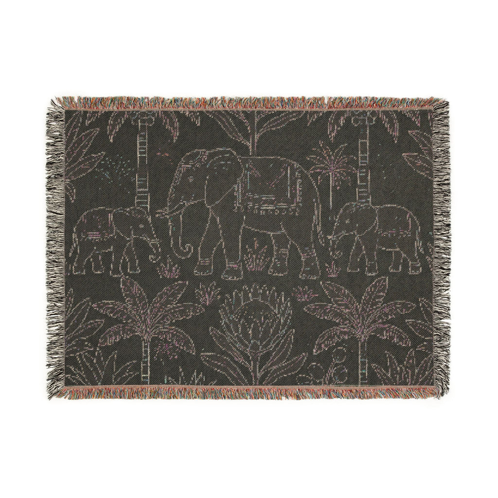 Boho Elephant Family Woven Blanket | Tropical Palm Tapestry Throw