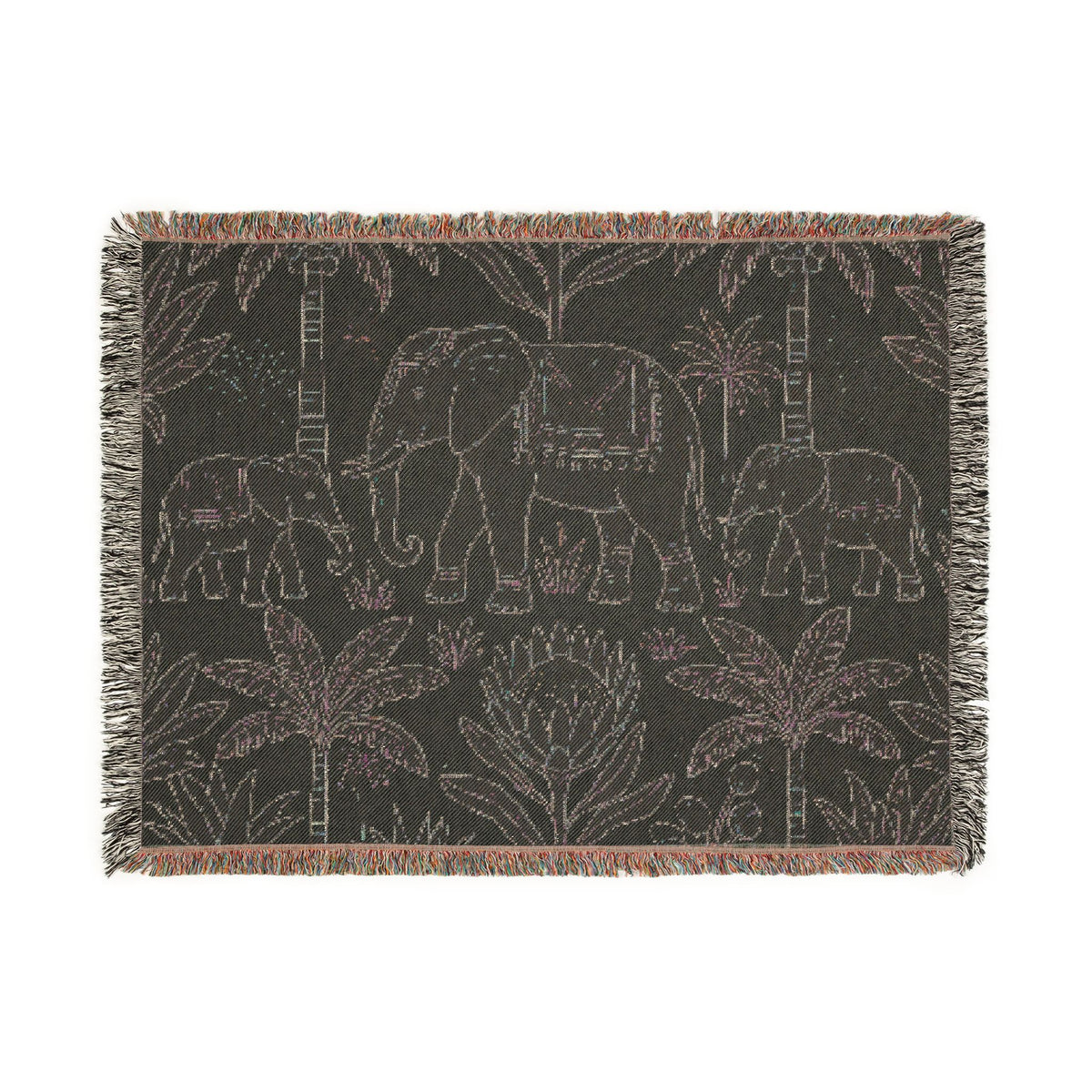Boho Elephant Family Woven Blanket | Tropical Palm Tapestry Throw