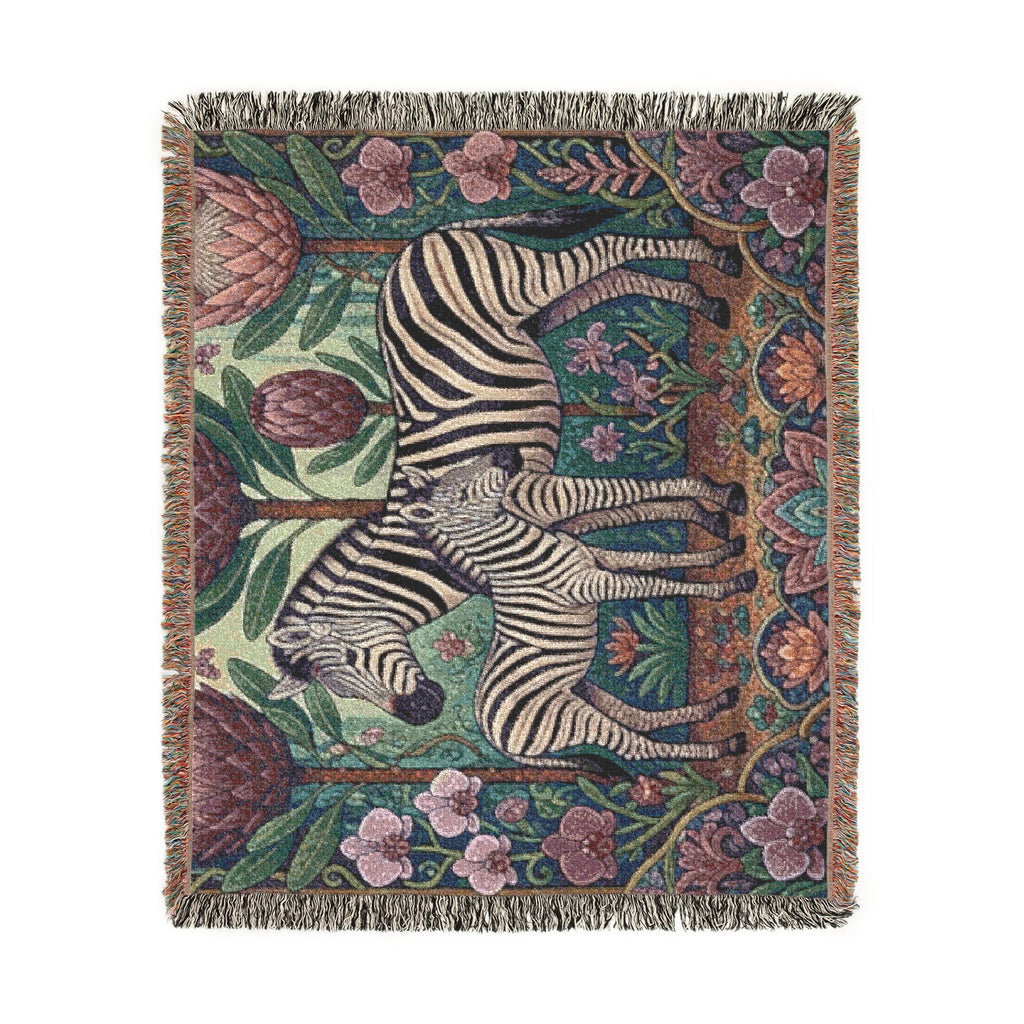 Zebra Mother and Foal Woven Blanket | Floral Tapestry Throw