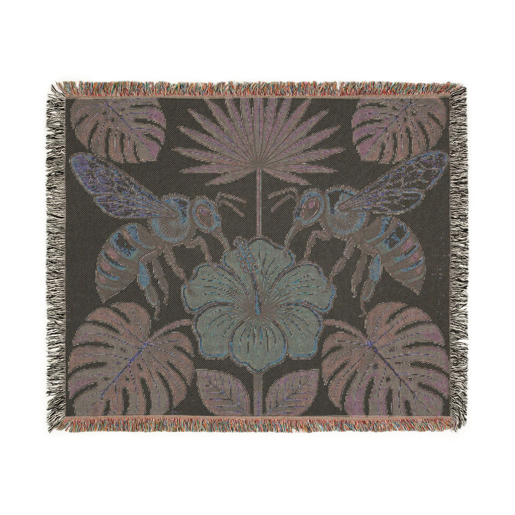 Hibiscus and Bees Woven Blanket | Tropical Floral Throw