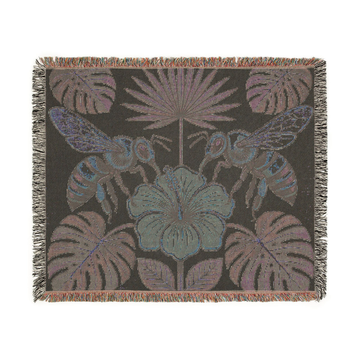 Hibiscus and Bees Woven Blanket | Tropical Floral Throw