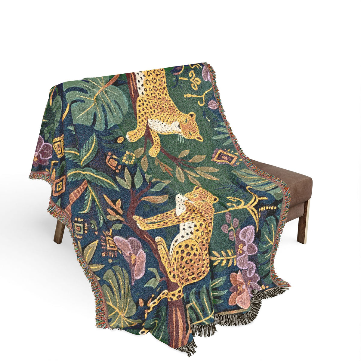 Jungle Leopard Tapestry Woven Blanket | Tropical Foliage Throw