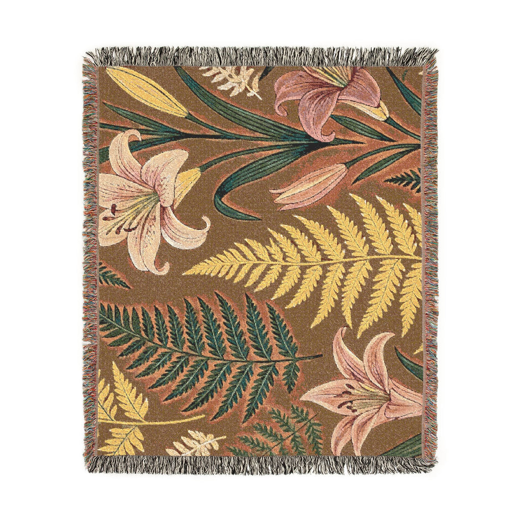 Vintage Botanical Ferns and Lilies Woven Blanket | Tapestry Throw