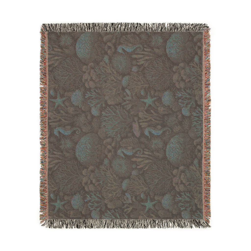 Underwater Coral Reef Woven Blanket | Seahorses, Starfish, Ocean Tapestry Throw