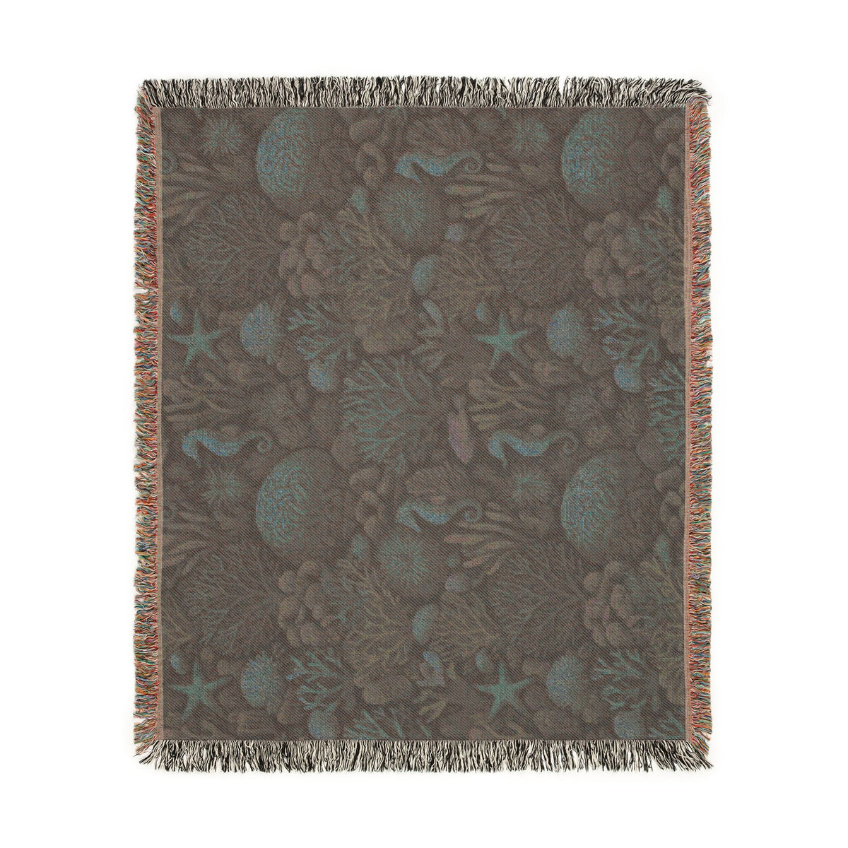 Underwater Coral Reef Woven Blanket | Seahorses, Starfish, Ocean Tapestry Throw