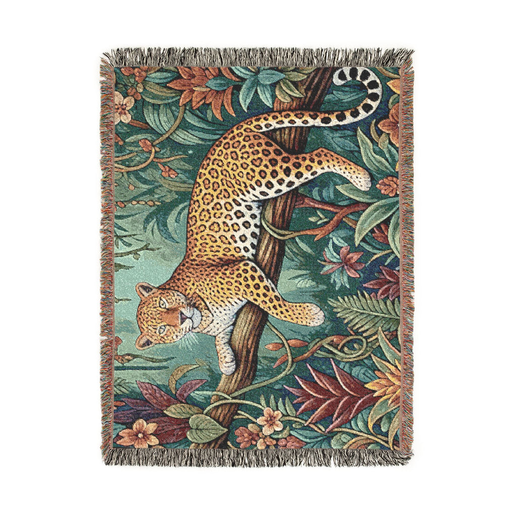 Leopard in Tropical Jungle Woven Blanket | Tapestry Throw with Fringe