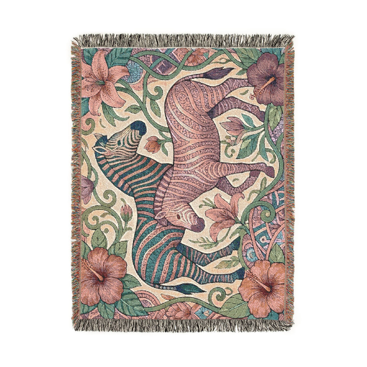 Zebra Floral Tapestry Woven Blanket | Horse Striped Animal Throw