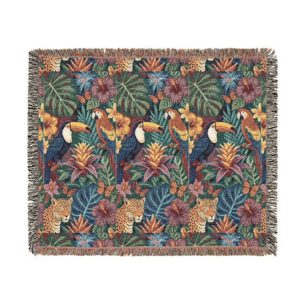 Tropical Toucan Floral Woven Blanket | Jungle Leaves Tapestry Throw