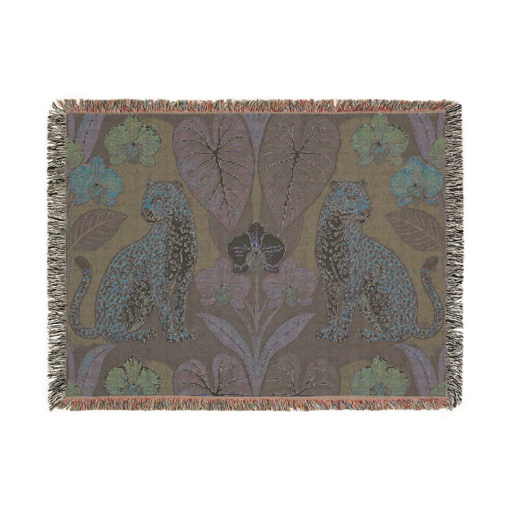 Leopard Botanical Woven Blanket | Tropical Leaves, Orchid Motif