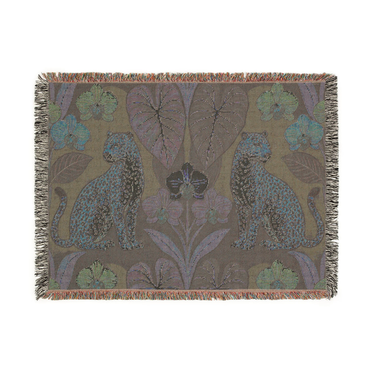 Leopard Botanical Woven Blanket | Tropical Leaves, Orchid Motif