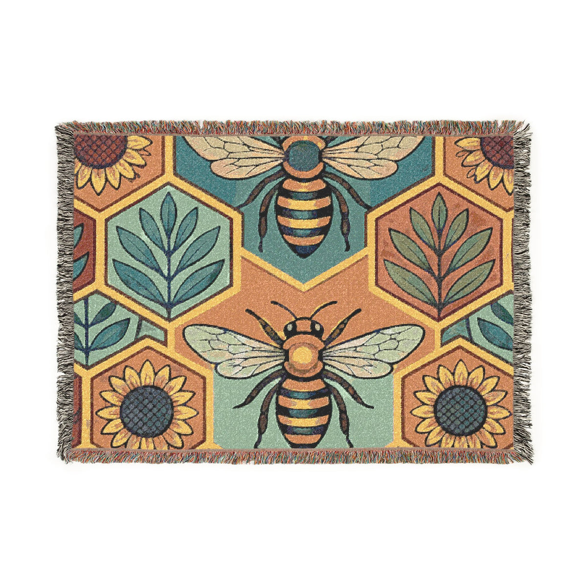 Bee and Sunflower Hexagon Woven Blanket | Honeybee Tapestry Throw