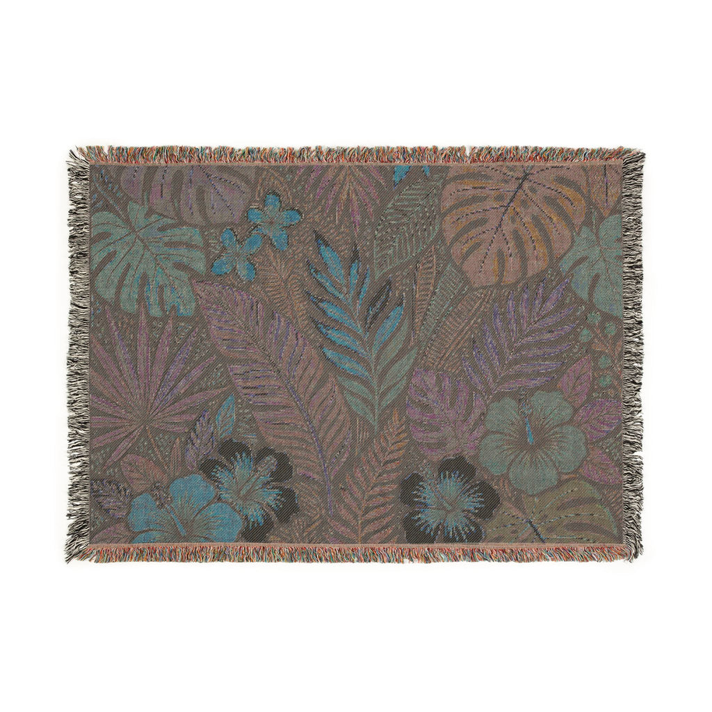 Tropical Floral Woven Blanket | Botanical Leaves Hibiscus Throw